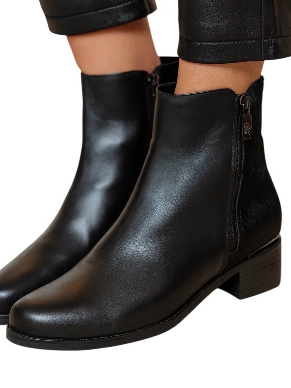 Blondo Aqua Protect Short Boots Leather Bootie & Brahma Hair Black Stacked H1” 9